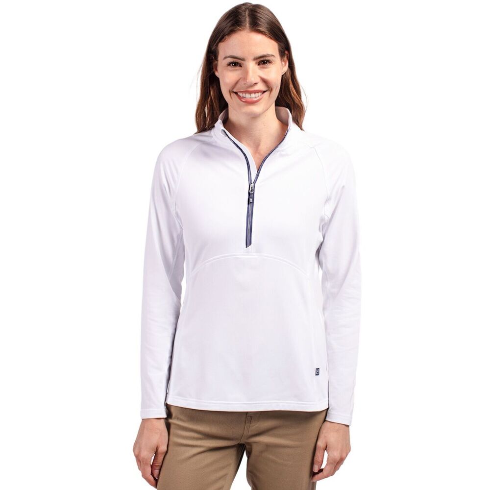 Cutter & Buck White/Navy Adapt Recycled Soft Knit Stretch Half Zip Pullover